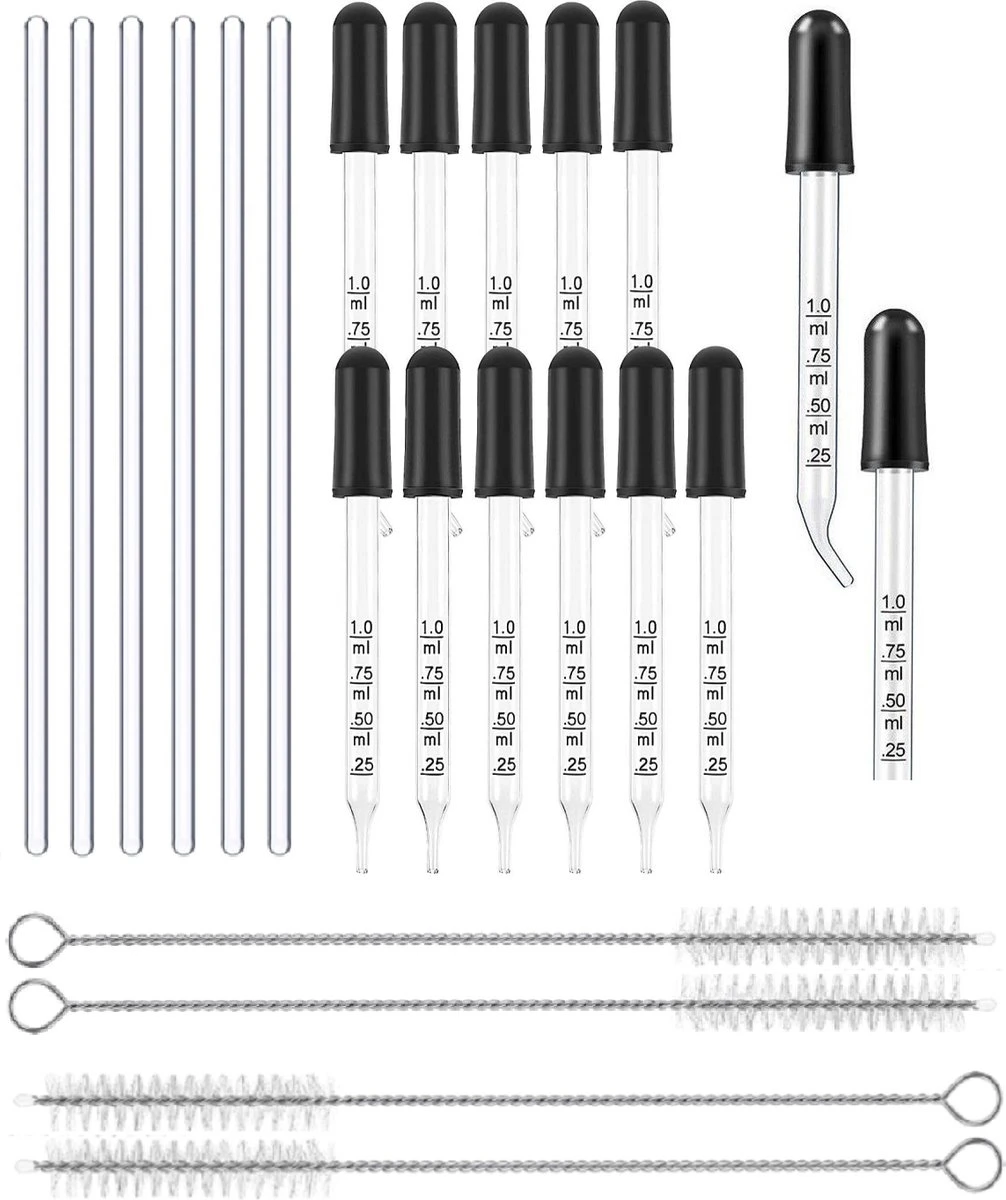 20 Delig - Glazen Pipet Set - 1ml - Druppelaar - Inclusief RVS Schoonmaak Borstels En Glazen Roerstaaf - Met Rubberen Dop - Voor Het Overbrengen Van Vloeistoffen - Demontabel - Wasbaar - Herbruikbaar 1 20 Delig - Glazen Pipet Set - 1ml - Druppelaar - Inclusief RVS Schoonmaak Borstels En Glazen Roerstaaf - Met Rubberen Dop - Voor Het Overbrengen Van Vloeistoffen - Demontabel - Wasbaar - Herbruikbaar
