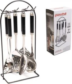 Kookgerei Set Met Houder 7-delig - Keukengerei Set Zwart Met Zilver- Keukengerei - Met Houder Vaatwasser Bestendig