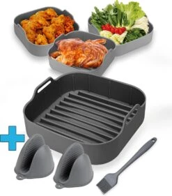 MITE® Airfryer Siliconen Bakje - Geschikt Voor Airfryer XXL 20,5CM - Inclusief Ovenwanten En Oliekwastje - Airfryer Accesoires - Airfryer Bakpapier - Airfryer Bakjes - Airfryer Bakpapier Siliconen