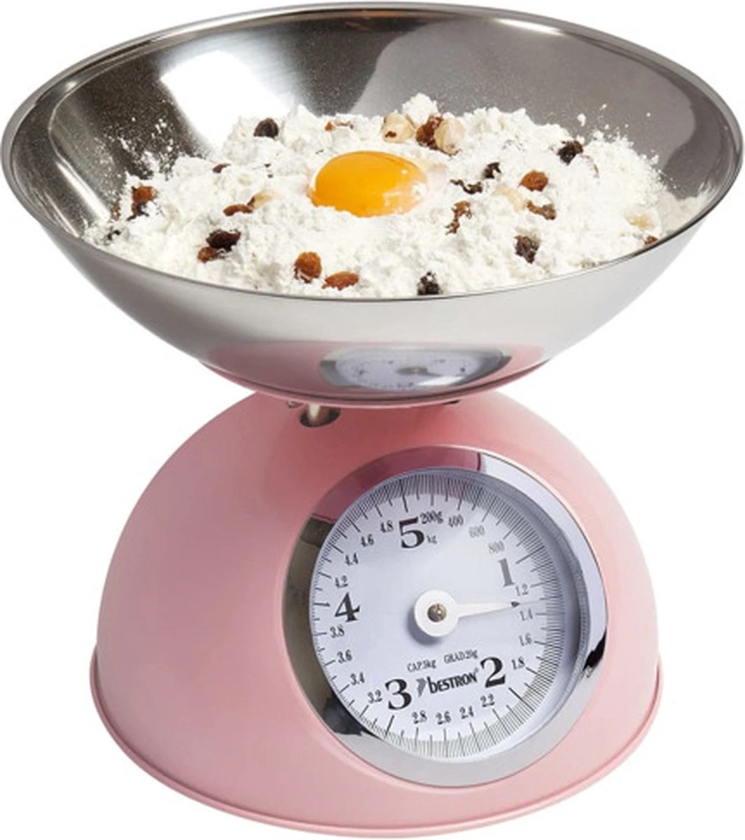 Bestron Analooge Keukenweegschaal, Met Afneembare Kom & 5kg Capaciteit, Retro Design, Kleur: Roze 1 Bestron Analooge Keukenweegschaal, Met Afneembare Kom & 5kg Capaciteit, Retro Design, Kleur: Roze