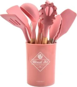 12-delige Itagala Siliconen Keukengerei Set Met Koker |Anti Aanbak | Hoge Kwaliteit Kookgerei Met Houten Handvatten | Pink | BPA En Kras Vrij