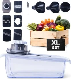 Estus QuickSlicer Mandoline Keukensnijder - Groentesnijder - Uiensnijder - Spiraalsnijder - Roestvrij Staal - Vingerbeschermer - 6 Opzetstukken