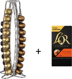 Stijlvolle Capsulehouder Voor 40 Nespresso Cups - Cup Houder – Stijlvol Aluminium – Geschikt Voor 40 Koffie Cups – Met Doosje 10 Nespresso Cups Van L’Or