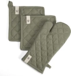 Walra Kookset Cook With A Smile - Set Van 2 Pannenlappen En 1 Ovenwant - 100% Katoen - Legergroen