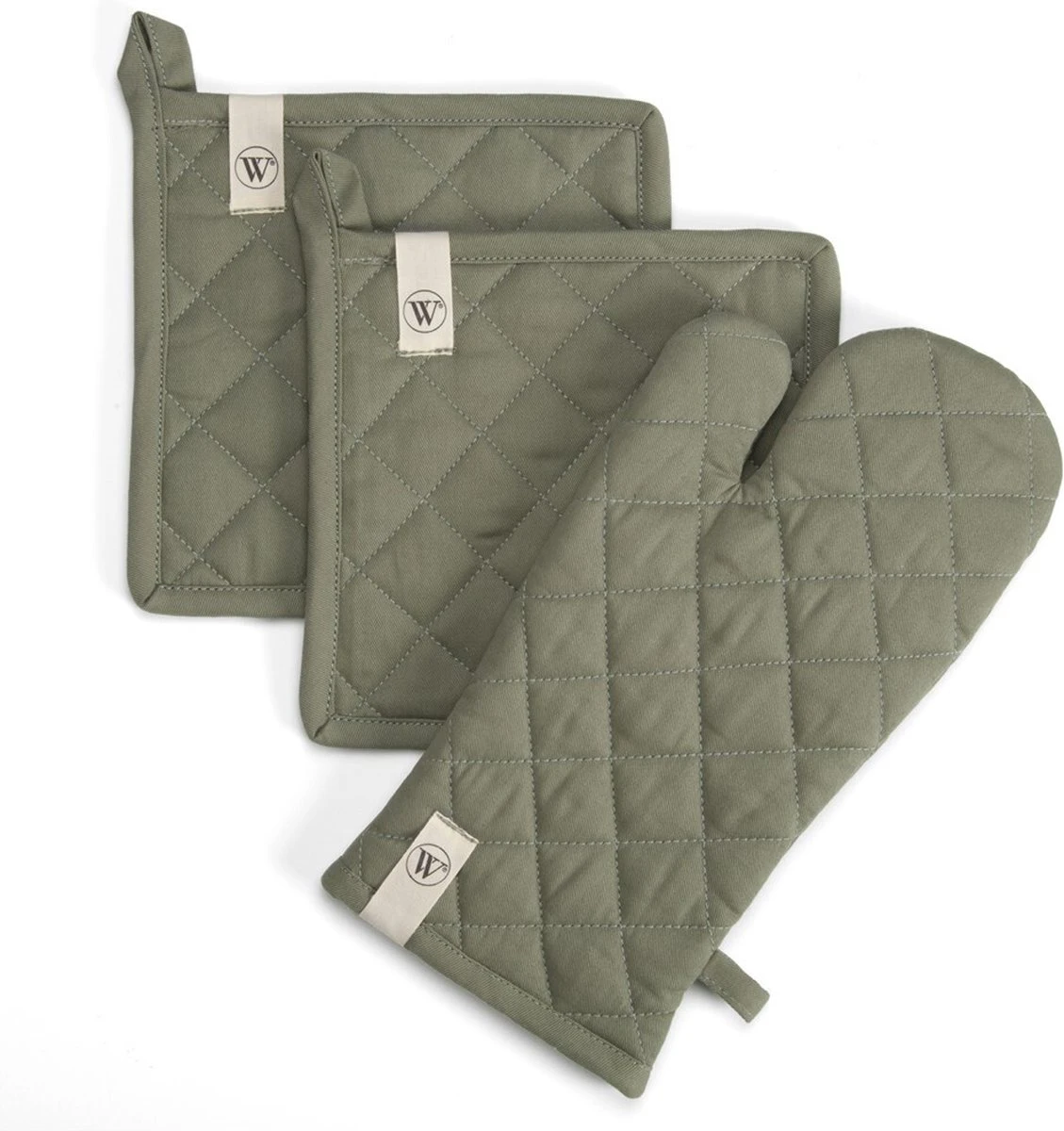 Walra Kookset Cook With A Smile - Set Van 2 Pannenlappen En 1 Ovenwant - 100% Katoen - Legergroen 1 Walra Kookset Cook With A Smile - Set Van 2 Pannenlappen En 1 Ovenwant - 100% Katoen - Legergroen