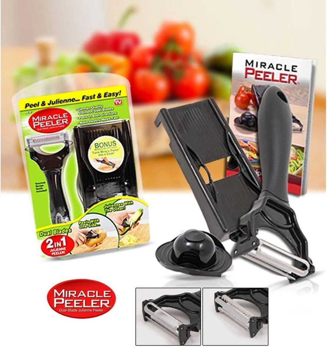 2in1 Miracle Peeler - Zwart - Kunststof - Dunschiller + Julienne Snijder - Bekend Van TV- Complete Set 1 2in1 Miracle Peeler - Zwart - Kunststof - Dunschiller + Julienne Snijder - Bekend Van TV- Complete Set