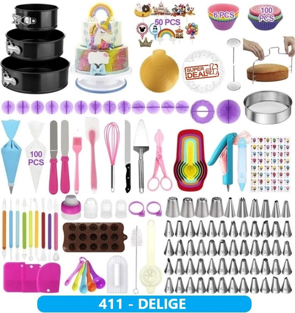 Taart En Cake Decoratie Set - 411 Delige - Taart Bakken Accessoires Set – Taartversiering - Draaiplateau - RVS Spuitmondjes 1 Taart En Cake Decoratie Set - 411 Delige - Taart Bakken Accessoires Set – Taartversiering - Draaiplateau - RVS Spuitmondjes
