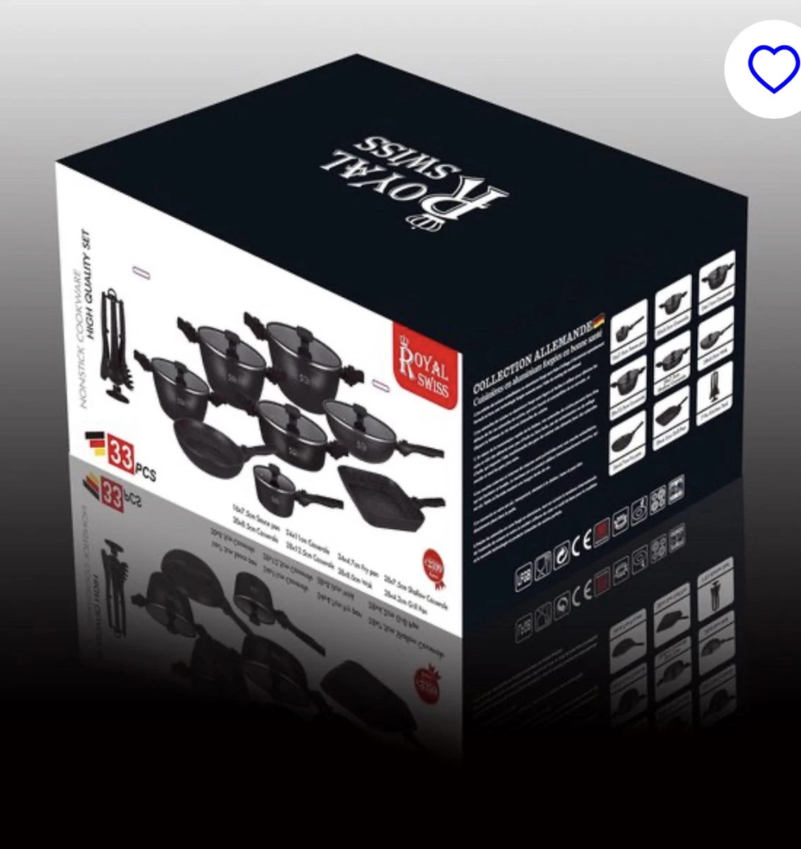 Royal Swiss® - Set Lot 33-delige - Pannenset Inductie - Steengoeden - Afneembare Handgreep - Glazen Deksel - Geschikt Voor Oven - PFAS-vrij + Keukengerei 3 Royal Swiss® - Set Lot 33-delige - Pannenset Inductie - Steengoeden - Afneembare Handgreep - Glazen Deksel - Geschikt Voor Oven - PFAS-vrij + Keukengerei - Afbeelding 3