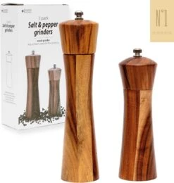 Peper En Zoutmolen Set - 22CM - Pepermolen - Zoutmolen - 2 Stuks - Acacia Hout - Instelbare Maalgraad - Duurzaam - Luxe Kwaliteit - Hervulbaar - Barbecue - BBQ Accesoires - Zout Peper Kruiden - Sinterklaas - Kerst