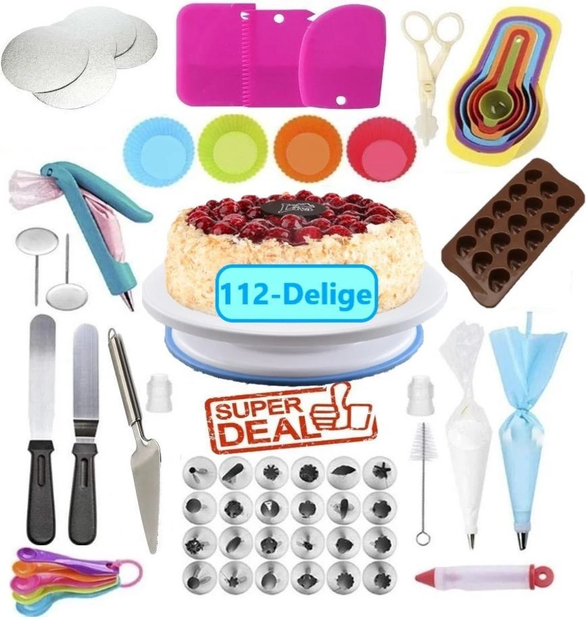 Taart En Cake Decoratie Set – Taart Bakken Accessoires Set – Taartversiering - Draaiplateau - RVS Spuitmondjes - 112 Delige 1 Taart En Cake Decoratie Set – Taart Bakken Accessoires Set – Taartversiering - Draaiplateau - RVS Spuitmondjes - 112 Delige