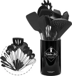 Keukengerei Set Met Houder - Kookgerei Set Spatel Pot - Keukengerei Keukenset - 15 Delige Zwart Rvs
