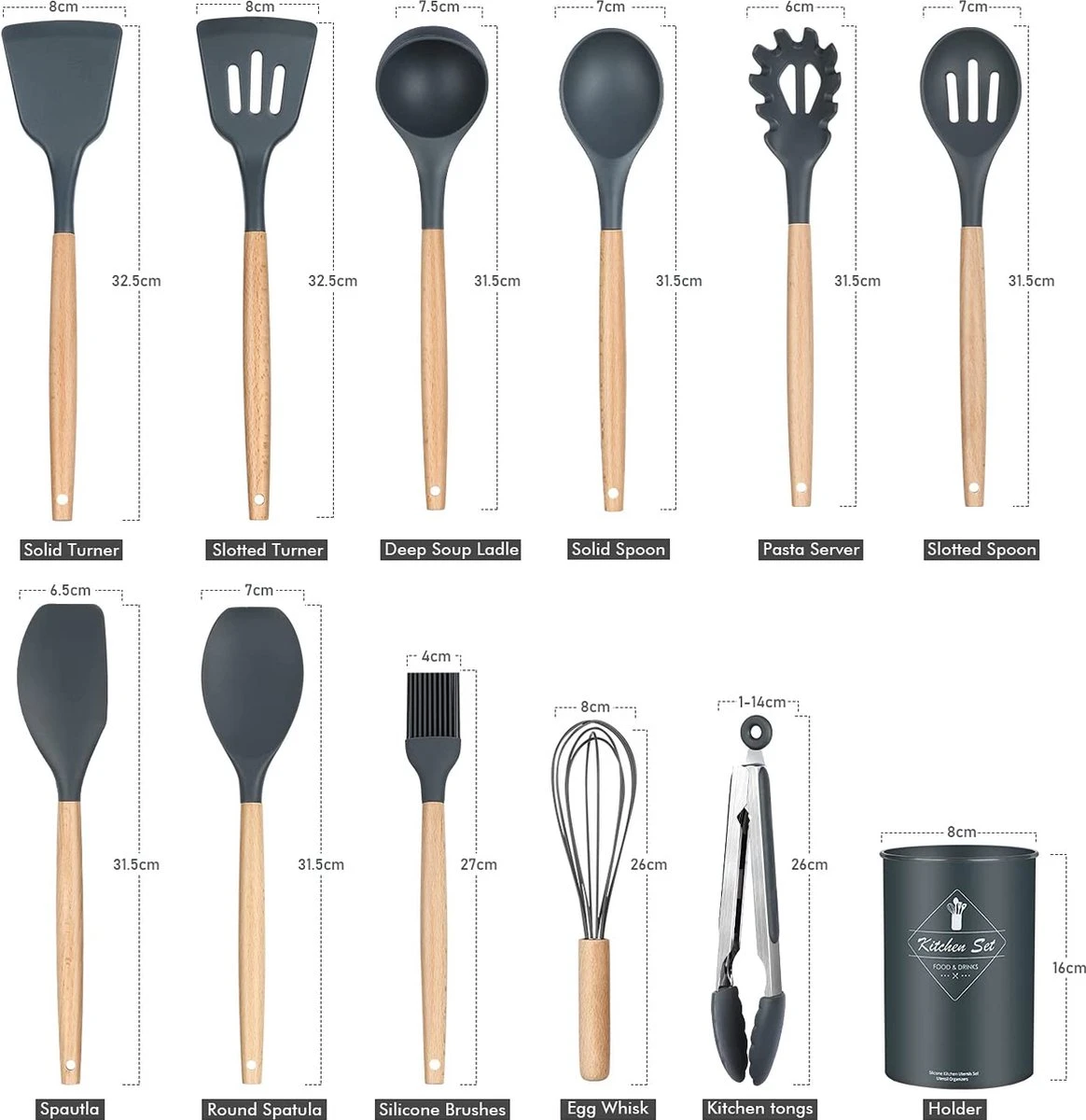 IGOODS - Keukengerei Sets Siliconen - 12-Delig Kookgerei Sets - Siliconen Inclusief Gebruiksvoorwerpen Houders - Antikleef Anti-Kras Kookgerei - Keukengereedschap Met Houten Handvat -Donker Grijs 5 IGOODS - Keukengerei Sets Siliconen - 12-Delig Kookgerei Sets - Siliconen Inclusief Gebruiksvoorwerpen Houders - Antikleef Anti-Kras Kookgerei - Keukengereedschap Met Houten Handvat -Donker Grijs - Afbeelding 5