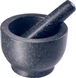 GOURMEO Stamper En Vijzel - Grote Massief Granieten Set - 7cm Diepe Vijzel Met Geruwde Binnenkant En Gepolijste Buitenkant - Extra Lange Stamper