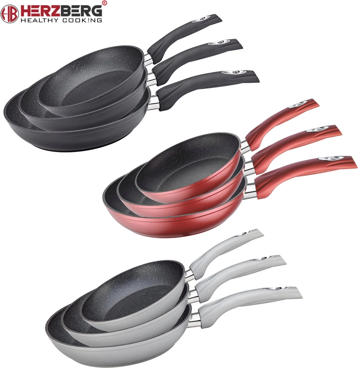 Herzberg HG-FP3: 3-Delige Koekenpan Van Gesmeed Aluminium 20/24/28 - ZILVER 2 Herzberg HG-FP3: 3-Delige Koekenpan Van Gesmeed Aluminium 20/24/28 - ZILVER - Afbeelding 2