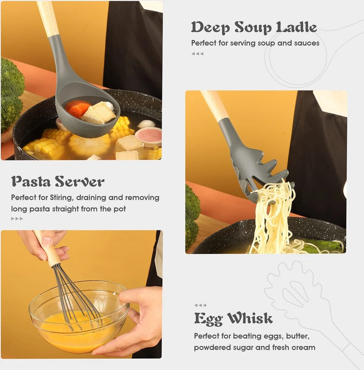 IGOODS - Keukengerei Sets Siliconen - 12-Delig Kookgerei Sets - Siliconen Inclusief Gebruiksvoorwerpen Houders - Antikleef Anti-Kras Kookgerei - Keukengereedschap Met Houten Handvat -Donker Grijs 2 IGOODS - Keukengerei Sets Siliconen - 12-Delig Kookgerei Sets - Siliconen Inclusief Gebruiksvoorwerpen Houders - Antikleef Anti-Kras Kookgerei - Keukengereedschap Met Houten Handvat -Donker Grijs - Afbeelding 2