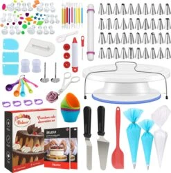 Deleca 144st Taart Maken Decoratie Set Met Wegwerp Spuitzakken & RVS Spuitmondjes - Cake Versieren - Draaibaar Taartplateau - XXL