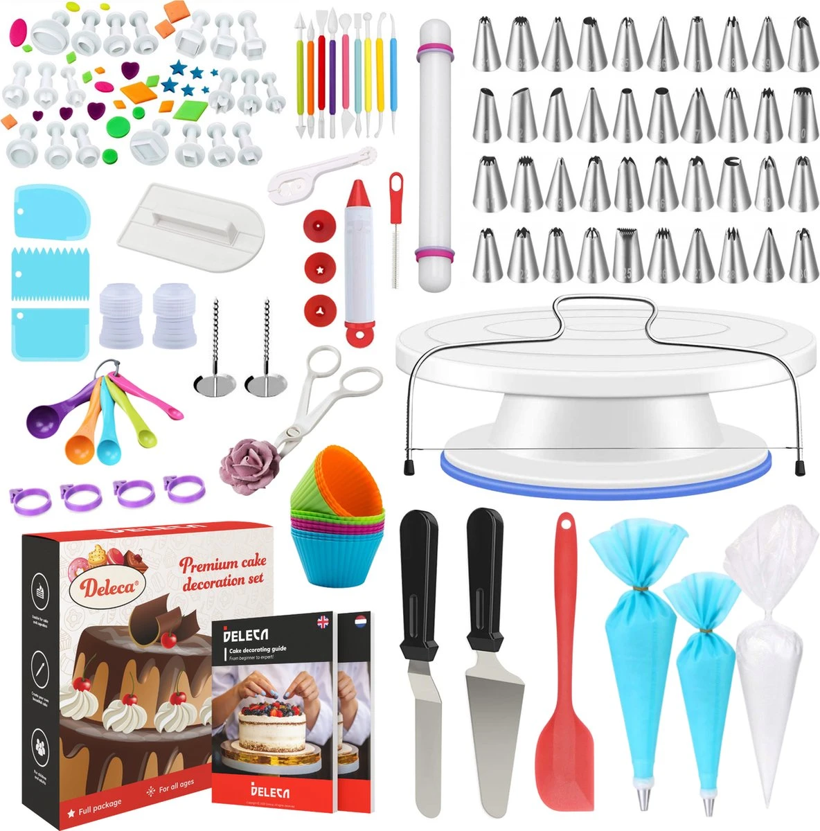 Deleca 144st Taart Maken Decoratie Set Met Wegwerp Spuitzakken & RVS Spuitmondjes - Cake Versieren - Draaibaar Taartplateau - XXL 1 Deleca 144st Taart Maken Decoratie Set Met Wegwerp Spuitzakken & RVS Spuitmondjes - Cake Versieren - Draaibaar Taartplateau - XXL