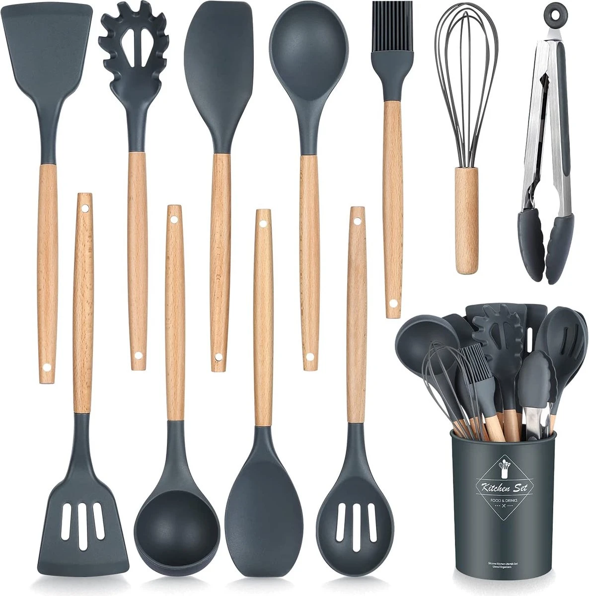 IGOODS - Keukengerei Sets Siliconen - 12-Delig Kookgerei Sets - Siliconen Inclusief Gebruiksvoorwerpen Houders - Antikleef Anti-Kras Kookgerei - Keukengereedschap Met Houten Handvat -Donker Grijs 1 IGOODS - Keukengerei Sets Siliconen - 12-Delig Kookgerei Sets - Siliconen Inclusief Gebruiksvoorwerpen Houders - Antikleef Anti-Kras Kookgerei - Keukengereedschap Met Houten Handvat -Donker Grijs
