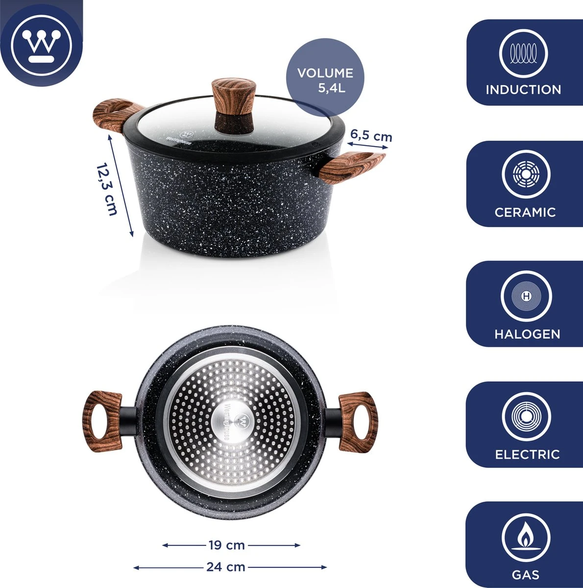 Westinghouse Kookpan/Braadpan Inductie - Ø 24 Cm - Zwart Marmer - Speciale Editie 3 Westinghouse Kookpan/Braadpan Inductie - Ø 24 Cm - Zwart Marmer - Speciale Editie - Afbeelding 3