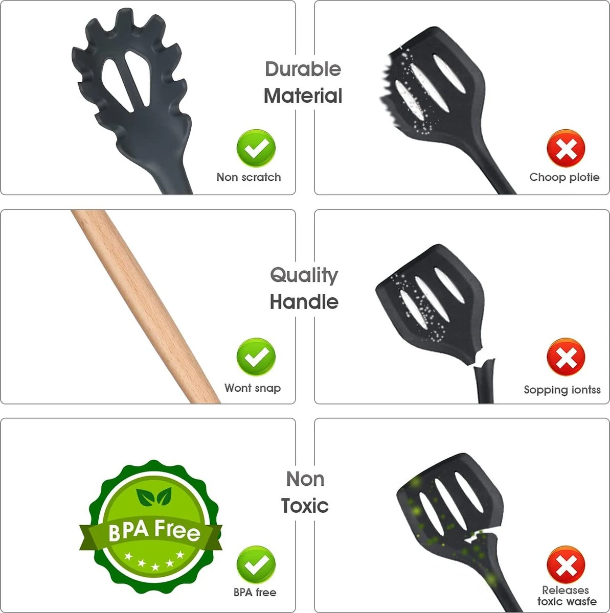 IGOODS - Keukengerei Sets Siliconen - 12-Delig Kookgerei Sets - Siliconen Inclusief Gebruiksvoorwerpen Houders - Antikleef Anti-Kras Kookgerei - Keukengereedschap Met Houten Handvat -Donker Grijs 3 IGOODS - Keukengerei Sets Siliconen - 12-Delig Kookgerei Sets - Siliconen Inclusief Gebruiksvoorwerpen Houders - Antikleef Anti-Kras Kookgerei - Keukengereedschap Met Houten Handvat -Donker Grijs - Afbeelding 3