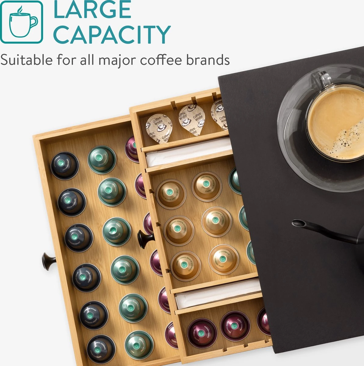 Navaris Bamboe Capsulehouder Met Lades - 33 X 35 X 14 Cm - Koffiecups Houder Voor Max. 72 Cups - Zwart 5 Navaris Bamboe Capsulehouder Met Lades - 33 X 35 X 14 Cm - Koffiecups Houder Voor Max. 72 Cups - Zwart - Afbeelding 5