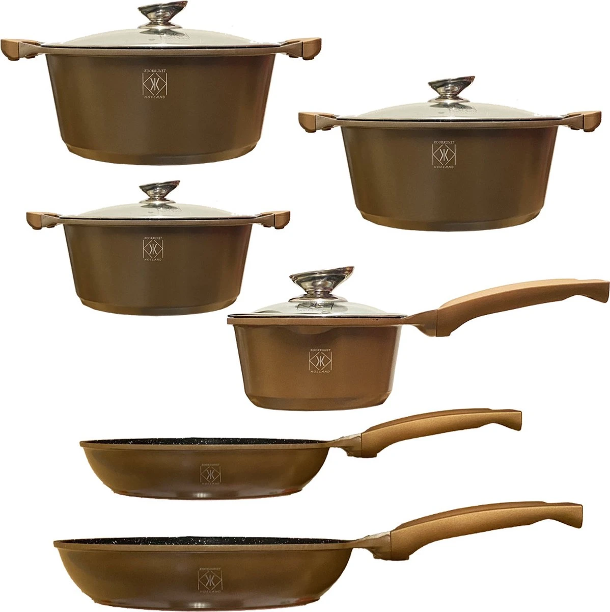 Kookkunst Holland Pannenset 10 Delig Inductie Met Deksels En Silicone Koudgrepen - Koper 1 Kookkunst Holland Pannenset 10 Delig Inductie Met Deksels En Silicone Koudgrepen - Koper