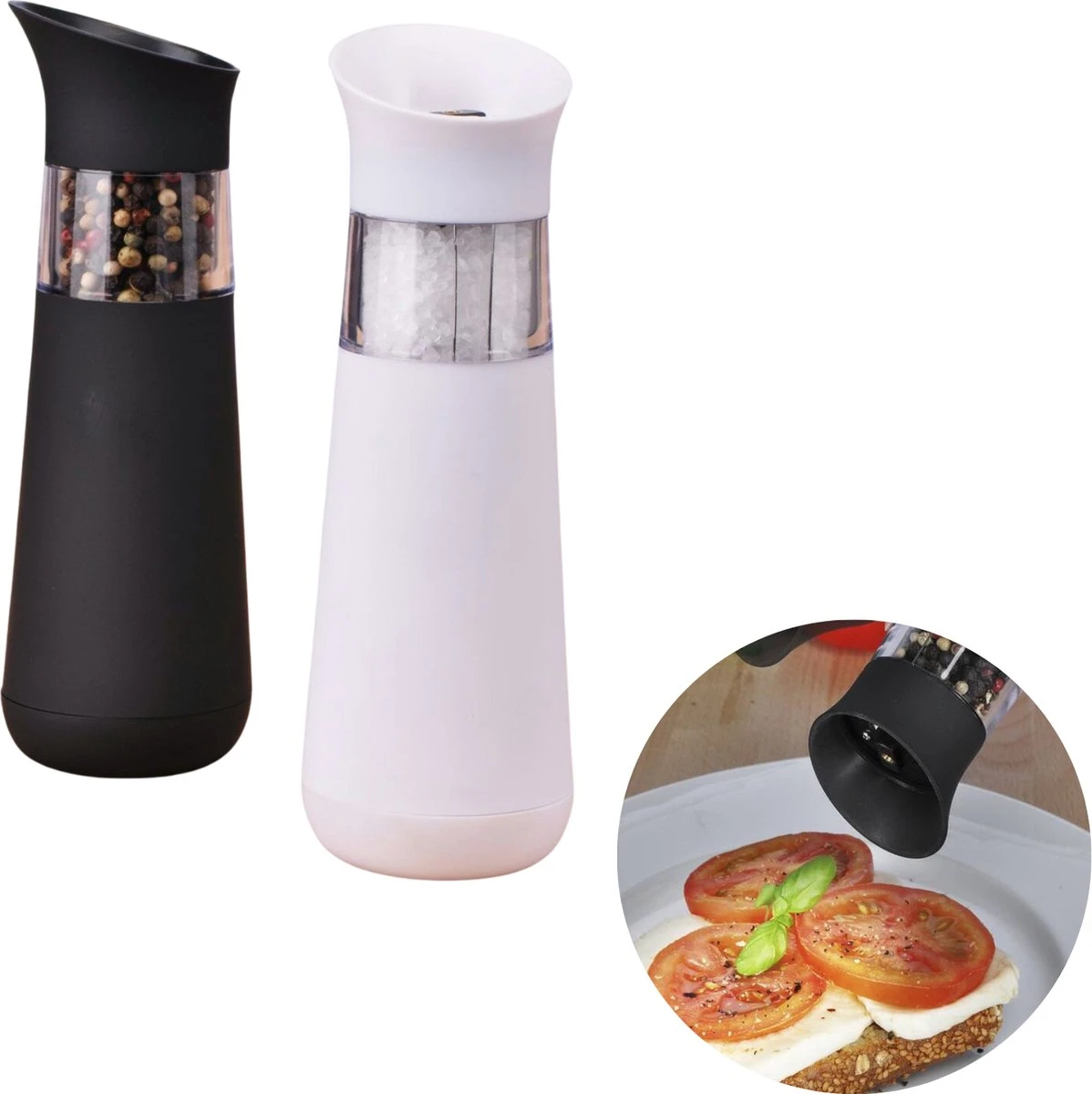 Cheqo® Elektrische Peper & Zoutmolen - Peper En Zoutmolen Set - Elektrisch - Zout Pepermolen Op Batterijen - Instelbare Grofheid - Kruidenmolen - 2 Stuks 1 Cheqo® Elektrische Peper & Zoutmolen - Peper En Zoutmolen Set - Elektrisch - Zout Pepermolen Op Batterijen - Instelbare Grofheid - Kruidenmolen - 2 Stuks