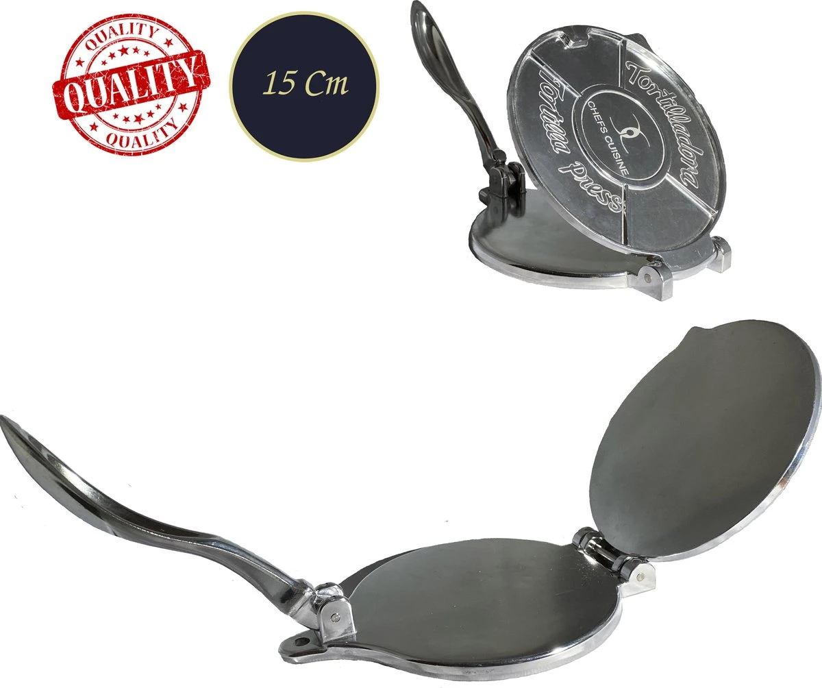 Chefs Cuisine Tortilla Pers - Dumpling Pers - Deegpers - Gegoten Aluminium - ⌀15 - Incl. Receptenboek 1 Chefs Cuisine Tortilla Pers - Dumpling Pers - Deegpers - Gegoten Aluminium - ⌀15 - Incl. Receptenboek