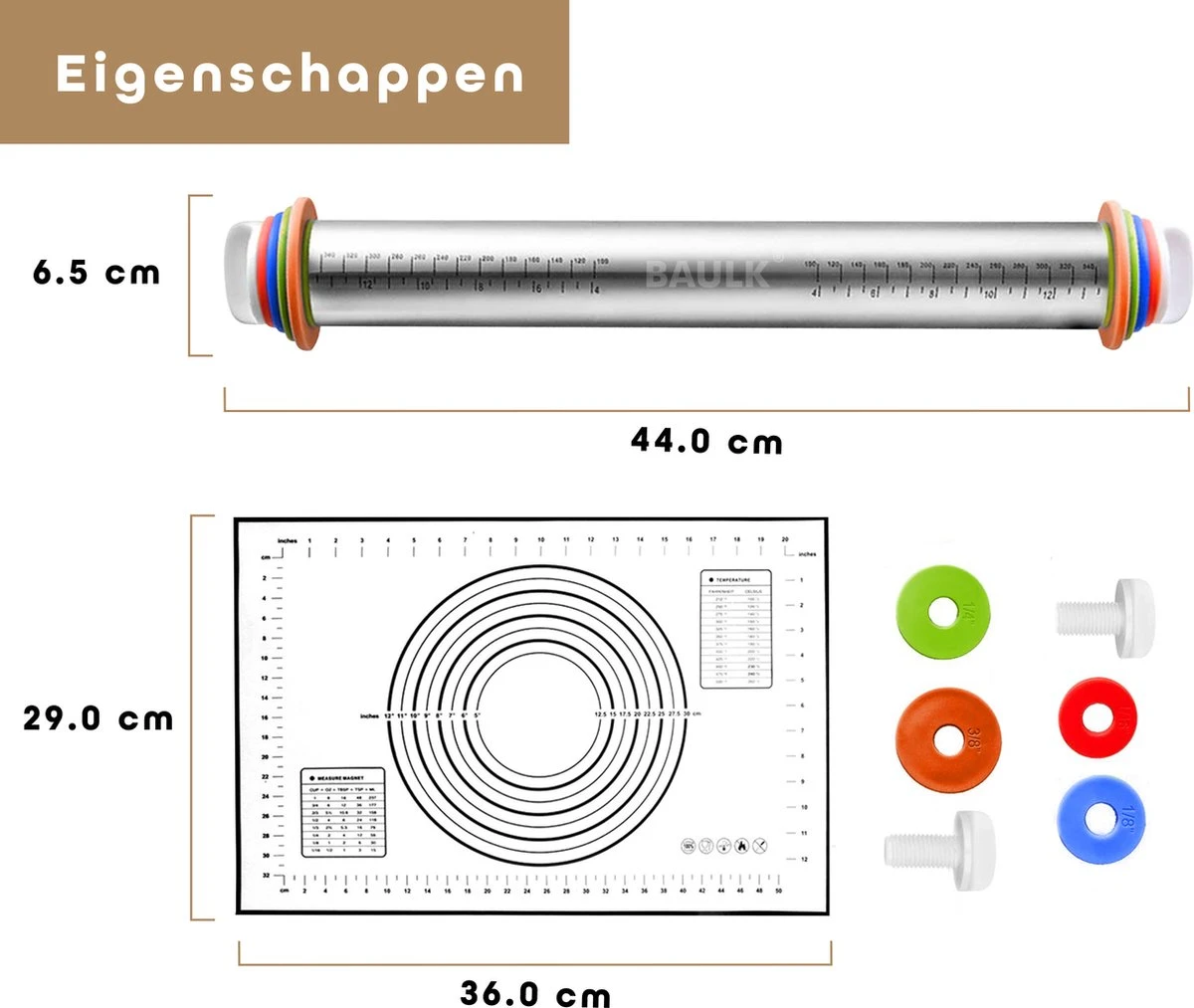Deegroller - Bakmat - Verstelbare Deegroller - Bakspullen - RVS - Deegmat - Antikleef - Baulk® 6 Deegroller - Bakmat - Verstelbare Deegroller - Bakspullen - RVS - Deegmat - Antikleef - Baulk® - Afbeelding 6