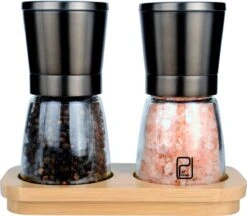 Peper En Zoutmolen Set Van 2 - Pepermolen En Zoutmolen Zwart - Gunmetal RVS - Verstelbare Maalgraad - Bamboe Houder