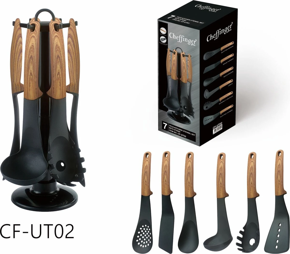 Cheffinger Kookgerei – Hout – Keukengerei – 7-delige Keukengerei Set Met Standaard 1 Cheffinger Kookgerei – Hout – Keukengerei – 7-delige Keukengerei Set Met Standaard