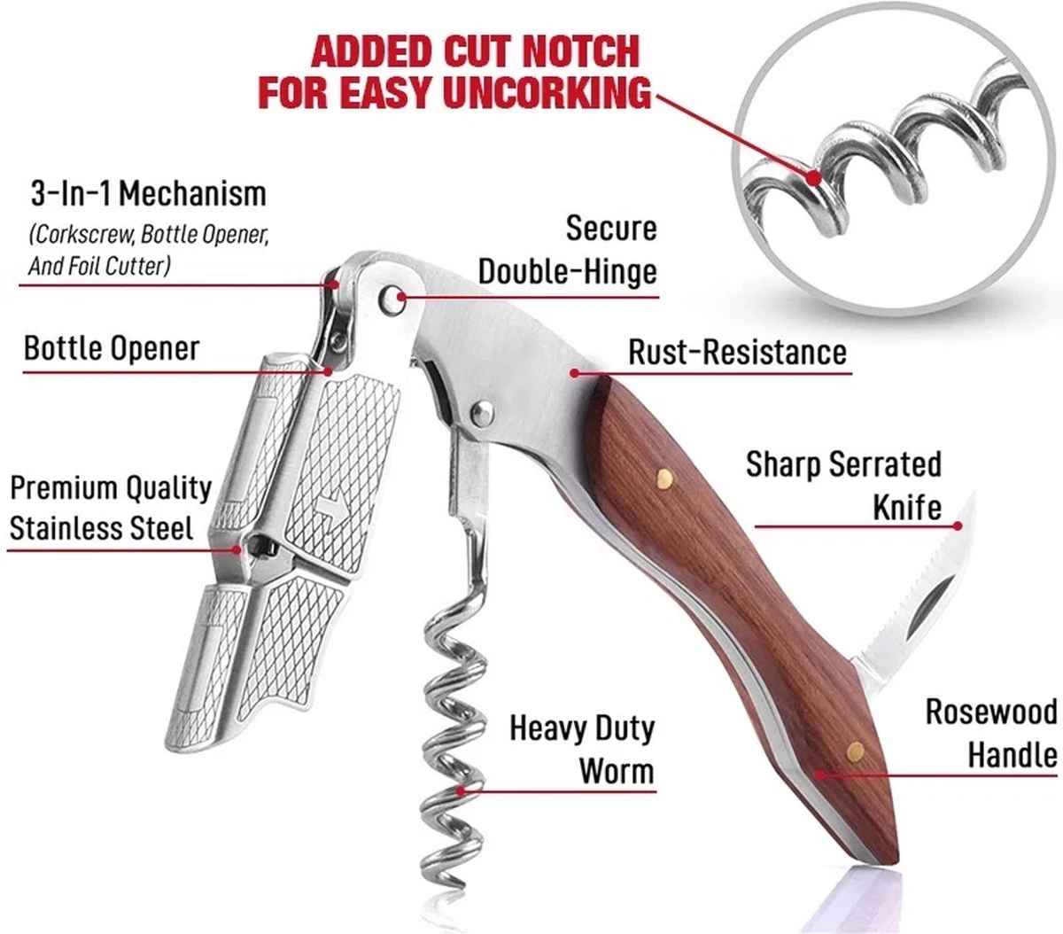 Merkloos Luxe Kelnersmes - Natuurlijk Hout - Roestvrij Staal Met Gesleufde Groef - Wijnopener - Sommeliersmes 3 Merkloos Luxe Kelnersmes - Natuurlijk Hout - Roestvrij Staal Met Gesleufde Groef - Wijnopener - Sommeliersmes - Afbeelding 3