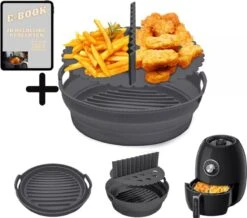 ElMaach Airfryer Siliconen Bakpapier Inclusief Verdeler – Bakpapier – Airfryer Bakvorm – Heteluchtfriteuse - Siliconen Mandje - Herbruikbaar Bakpapier – Airfryer XL En XXL - 21,5CM - Incl. GRATIS E-BOOK - Donkergrijs