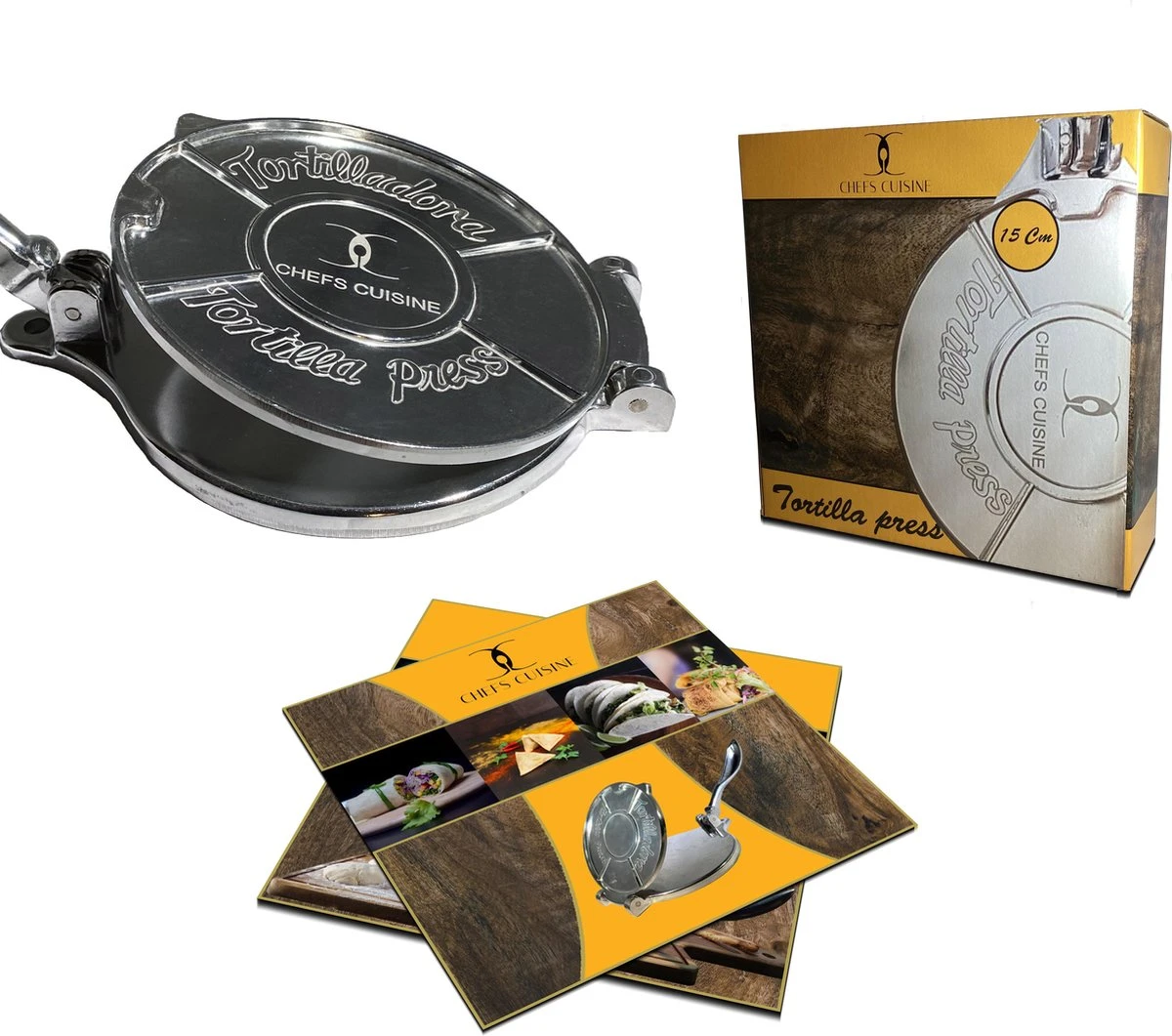 Chefs Cuisine Tortilla Pers - Dumpling Pers - Deegpers - Gegoten Aluminium - ⌀15 - Incl. Receptenboek 5 Chefs Cuisine Tortilla Pers - Dumpling Pers - Deegpers - Gegoten Aluminium - ⌀15 - Incl. Receptenboek - Afbeelding 5