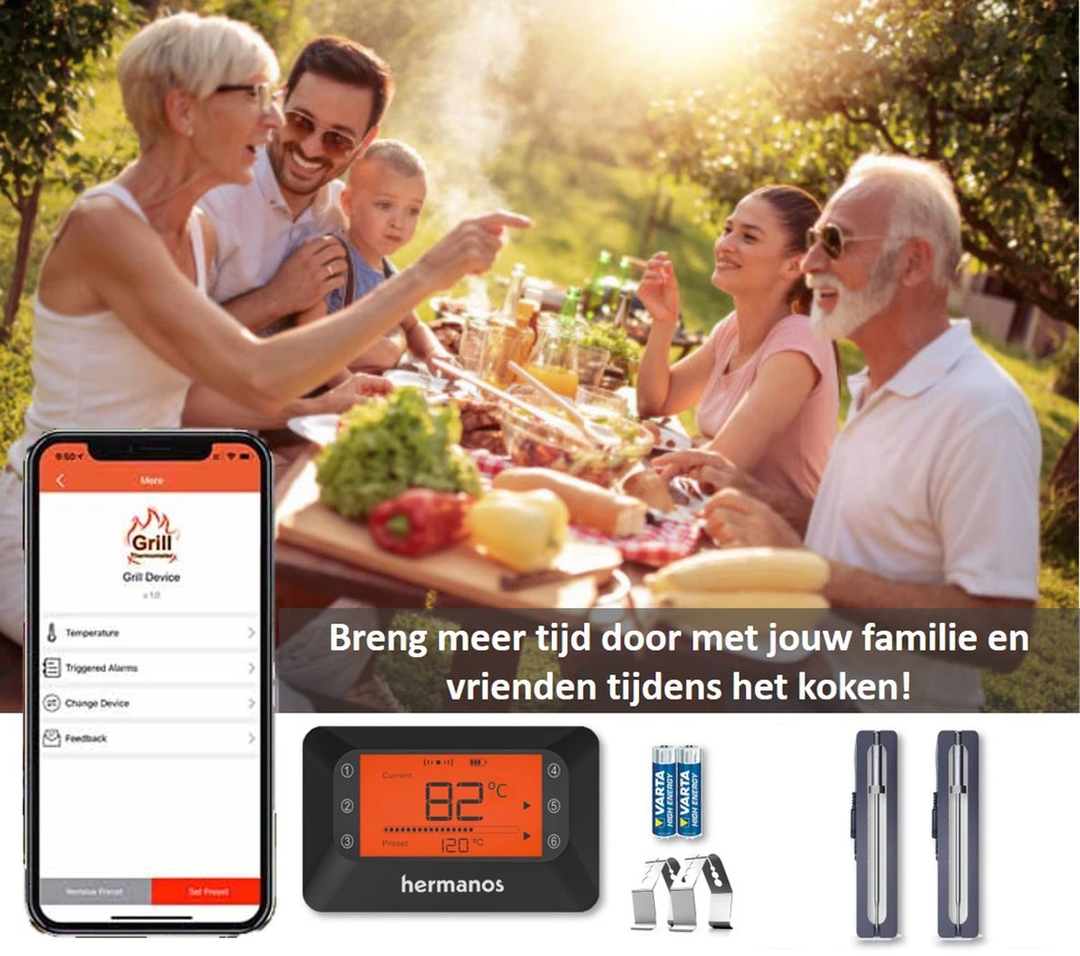 Hermanos® Digitale BBQ Thermometer Draadloos - Vleesthermometer - Oventhermometer - Bluetooth Met App - 2 Meetsondes - Magneet - Incl. Batterijen 3 Hermanos® Digitale BBQ Thermometer Draadloos - Vleesthermometer - Oventhermometer - Bluetooth Met App - 2 Meetsondes - Magneet - Incl. Batterijen - Afbeelding 3