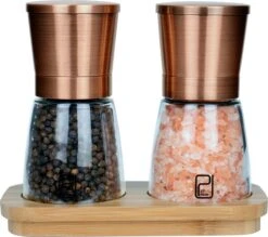 Peper En Zoutmolen Set Van 2 - Koperen Pepermolen En Zoutmolen - Koper RVS - Verstelbare Maalgraad - Bamboe Houder