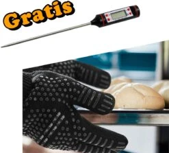 BBQ Ovenwanten- Met Gratis Vleesthermometer– Hittebestendige Handschoenen - Ovenhandschoenen - Barbecue Handschoen – Grill & Oven Want – Koken Accessoires - Vuurkorf En Openhaard - Gloves - Barbeque Keukenaccessoires -Zwart – 2 Stuks
