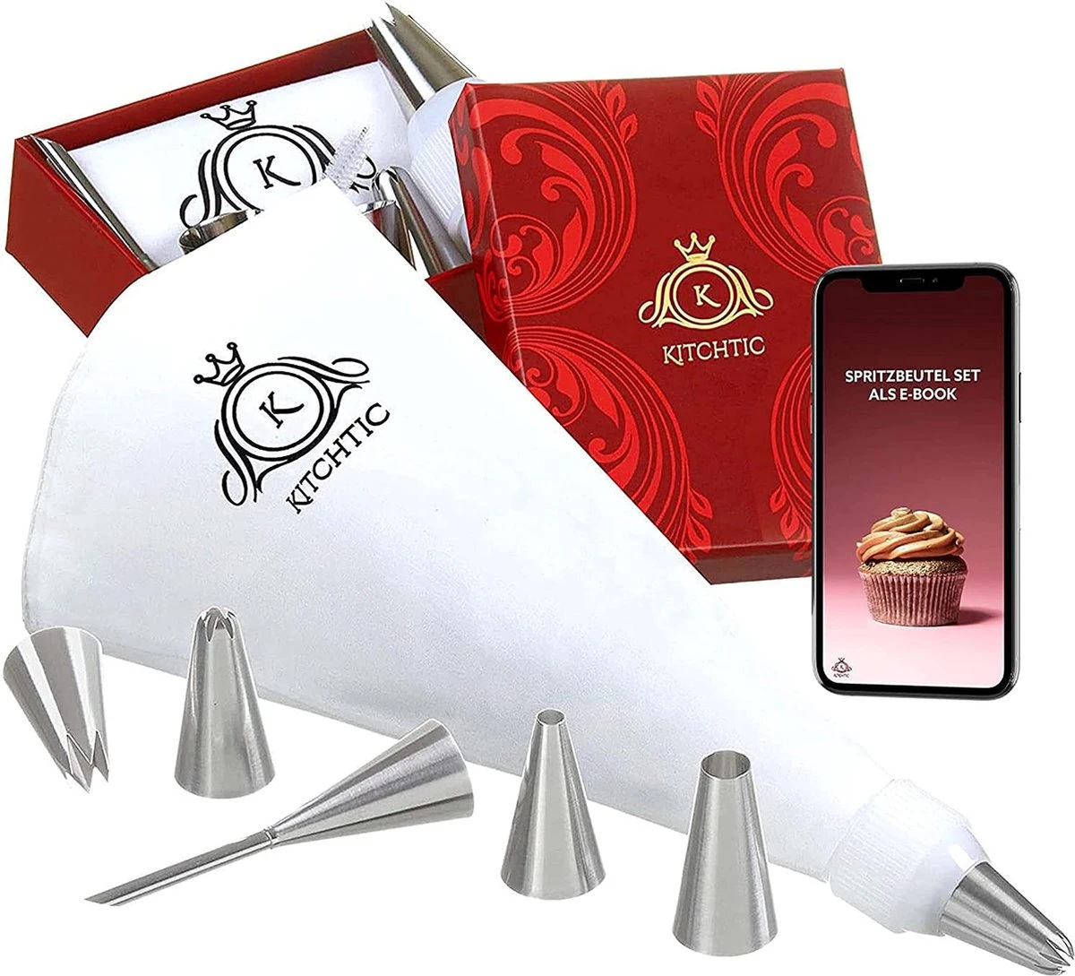 Premium Spuitzak Set Van 6 - Grote Herbruikbare Spuitzak Van Katoen, Vaatwasserbestendig Met Geschenkverpakking, 6 Roestvrijstalen Spuitmonden, Adapter, Reinigingsborstel En E-book Met Tips Van Kitchtic. 1 Premium Spuitzak Set Van 6 - Grote Herbruikbare Spuitzak Van Katoen, Vaatwasserbestendig Met Geschenkverpakking, 6 Roestvrijstalen Spuitmonden, Adapter, Reinigingsborstel En E-book Met Tips Van Kitchtic.