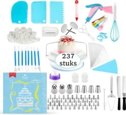 Perow Taarten Bak Set - Luxe XXL 237 Delig Set - Bakset Kinderen - Decoratie Set - Taarten En Cake Versieringen - Draaibaar Plateau - Herbruikbare Spuitzak - Cupcake Vormpjes
