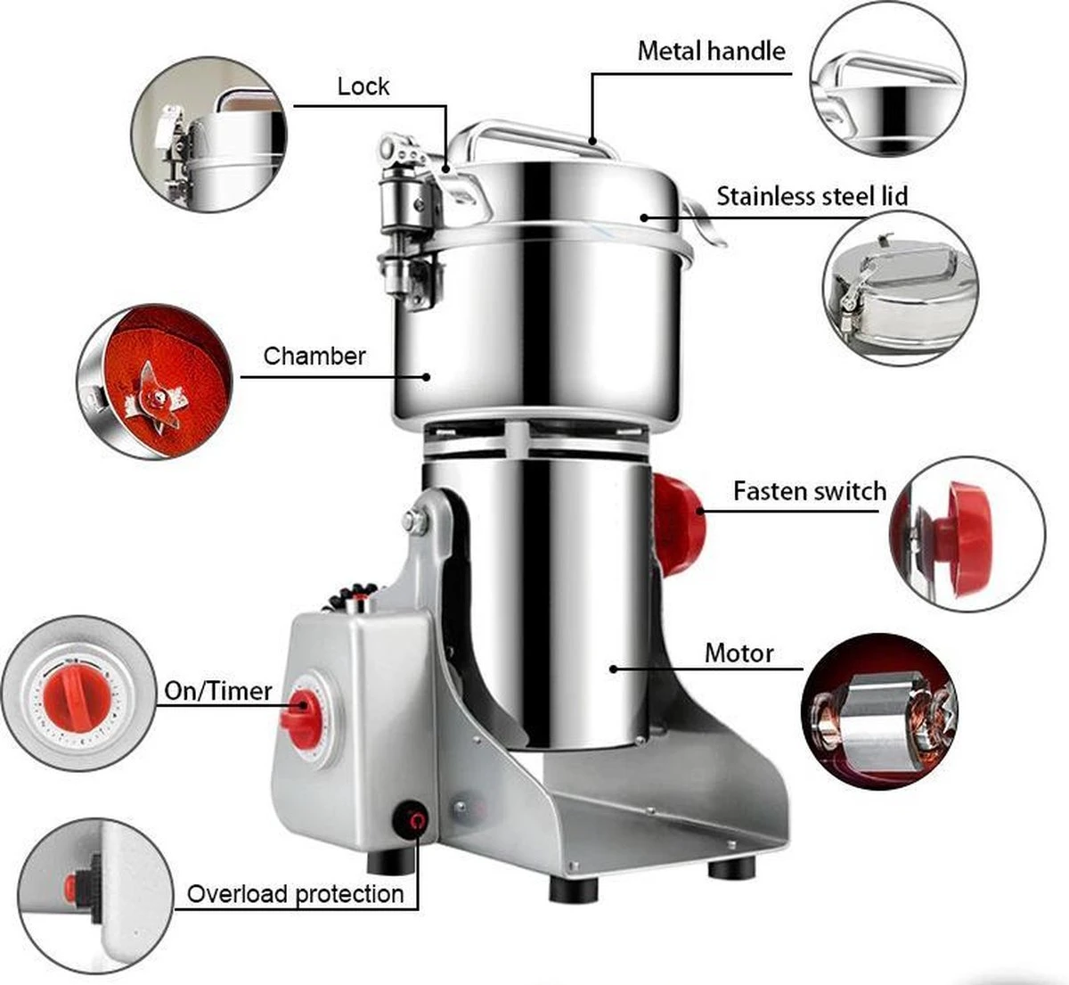 Professionele Graanmolen Elektrisch 700 Gram - Kruiden Maler - Sprice Grinder - Kruidenmolen - RVS - 2500W 8 Professionele Graanmolen Elektrisch 700 Gram - Kruiden Maler - Sprice Grinder - Kruidenmolen - RVS - 2500W - Afbeelding 8