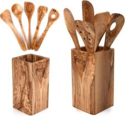 OLIVIEU ~ 5-delig Olijfhouten Duurzame Keukengerei Set Met Keukengerei Houder ~ Houten Kookgerei ~ Minimalistisch & Handgesneden ~ Keukengerei Pot ~ Kookgerei Set Met Kookgerei Houder