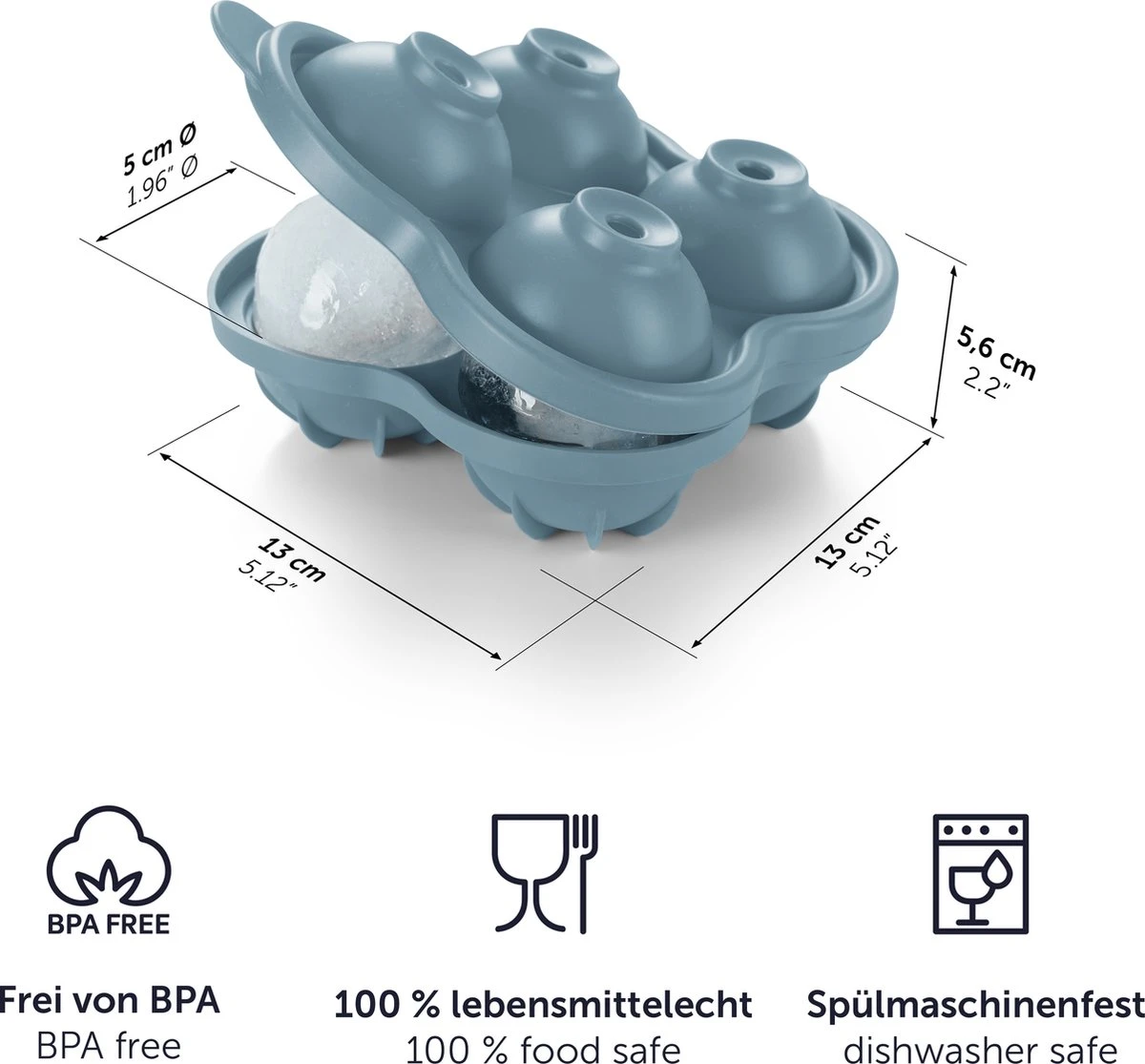 Blumtal Bollen IJsblokjesvorm - 2 X 4 IJsblokjes - Hoogwaardig Siliconen - 8 Stuks - 5 Cm - Grijs - Blauw / Lichtblauw 4 Blumtal Bollen IJsblokjesvorm - 2 X 4 IJsblokjes - Hoogwaardig Siliconen - 8 Stuks - 5 Cm - Grijs - Blauw / Lichtblauw - Afbeelding 4