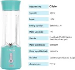 Draagbare Blender - Blender To Go - Smoothie Blender - USB Oplaadbaar -Portable Smoothie Maker - Draadloos - Compact Blender - 500 Ml - Mini Smoothie Maker - Fresh Juice Maker - Portable Blender - Blauw - Recepten Inbegrepen -Merkloos Winkel 1200x1118 17