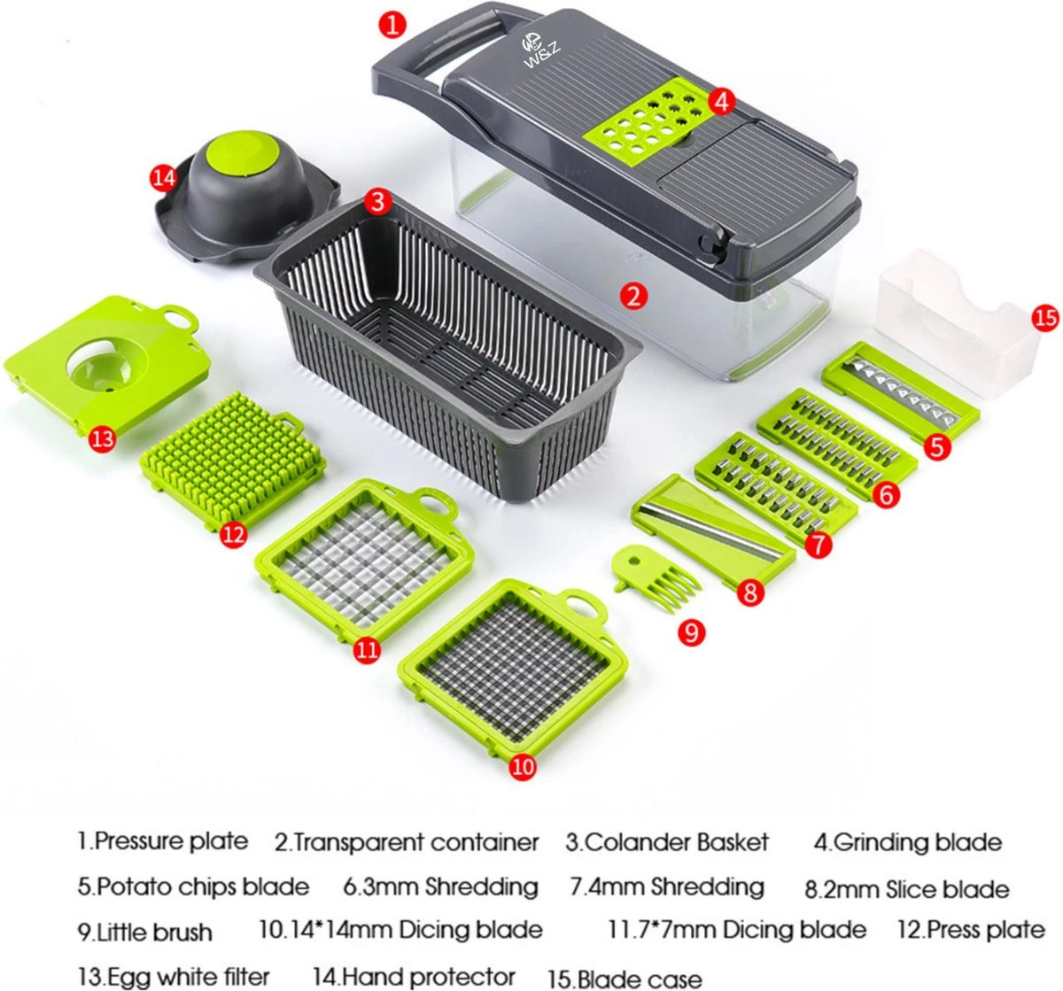 W&Z® Multifunctionele Groentesnijder - Mandoline -Fritessnijder - Keukensnijder - Groentehakker - 16 Delig 16 W&Z® Multifunctionele Groentesnijder - Mandoline -Fritessnijder - Keukensnijder - Groentehakker - 16 Delig - Afbeelding 16