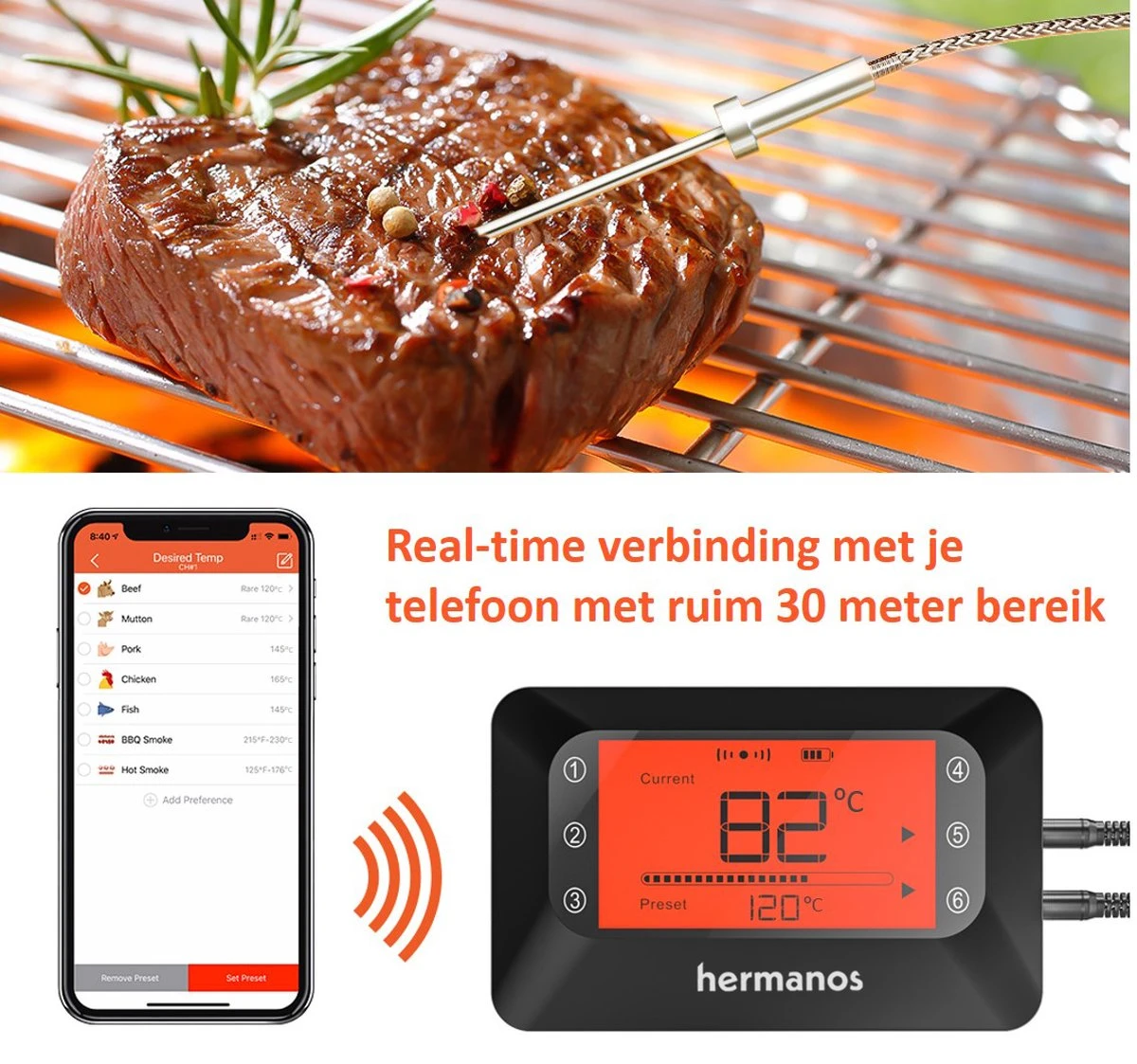 Hermanos® Digitale BBQ Thermometer Draadloos - Vleesthermometer - Oventhermometer - Bluetooth Met App - 2 Meetsondes - Magneet - Incl. Batterijen 2 Hermanos® Digitale BBQ Thermometer Draadloos - Vleesthermometer - Oventhermometer - Bluetooth Met App - 2 Meetsondes - Magneet - Incl. Batterijen - Afbeelding 2