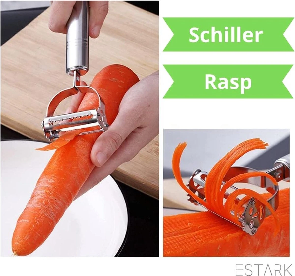 ESTARK® Dunschiller - Julienne & Groenteschiller - Groentesnijder - Uiensnijder - Spiraalsnijder - Juliennerasp - Juliennesnijder - Sliertensnijder - Multifunctionele Groenten Schiller Aardappel Schiller - Dunschiller RVS 7 ESTARK® Dunschiller - Julienne & Groenteschiller - Groentesnijder - Uiensnijder - Spiraalsnijder - Juliennerasp - Juliennesnijder - Sliertensnijder - Multifunctionele Groenten Schiller Aardappel Schiller - Dunschiller RVS - Afbeelding 7