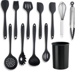 Vivid Green 13-delige Siliconen Keukengerei Set Met Houder - Kookgerei Set - Keuken Gerei - Hittebestendig / BPA - Zwart