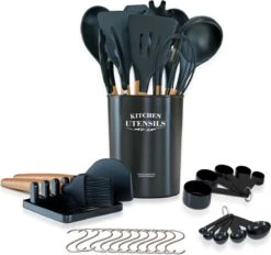 Hescom 34-delige Siliconen Keukengerei Set Met Houder - Kookgerei Set Met Ergonomisch Design - Antraciet Grijs