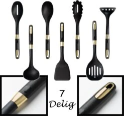 Levabe Zwart Gouden Keukengerei Set Met Houder 7 Delig - Hittebestendig - BPA Vrij - Koken - Nylon - Stainnless Steel - Keuken Gerei