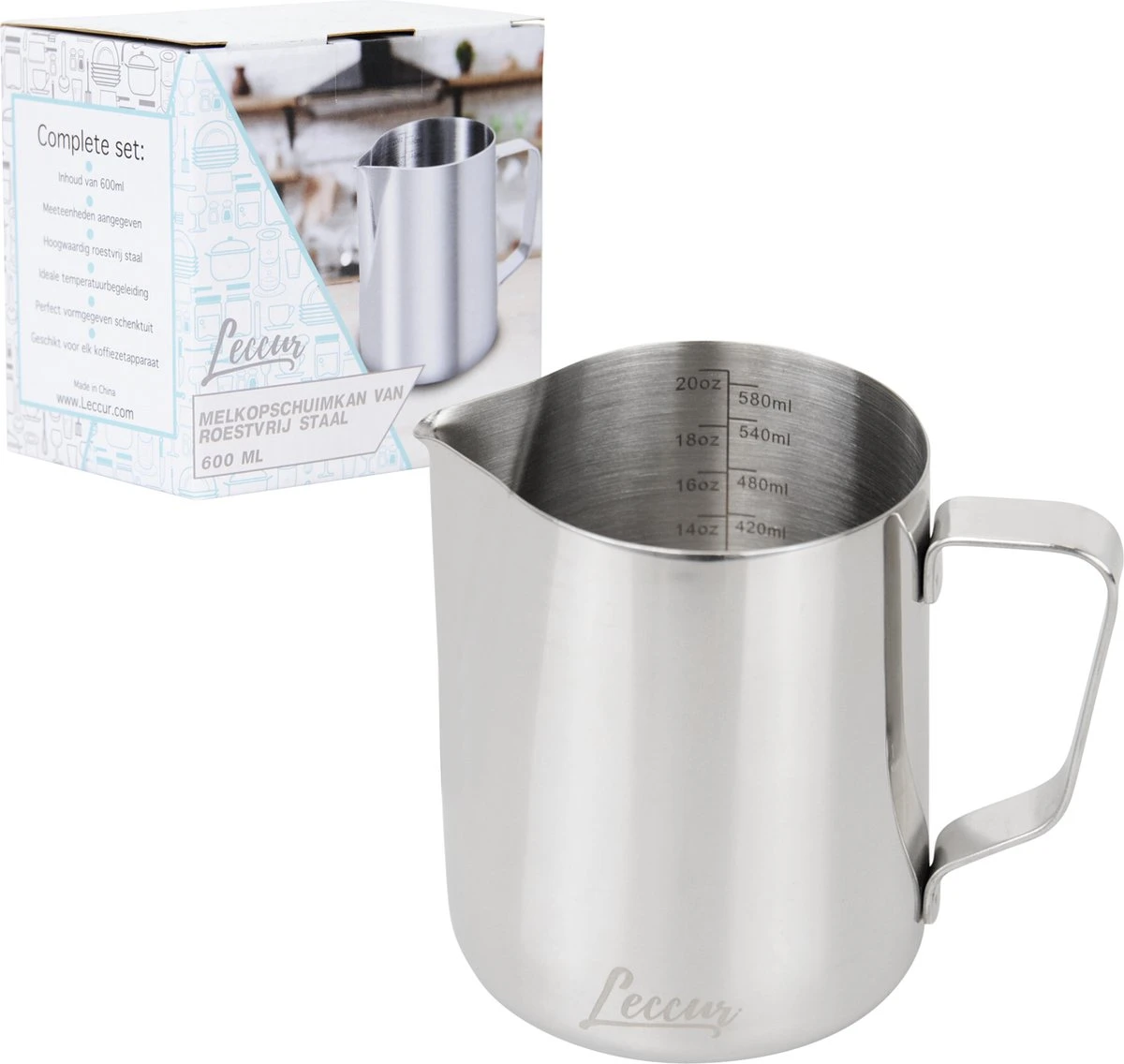 Leccur Barista Melkkan - Melkkannetje RVS - Melkopschuimkan 600ml 1 Leccur Barista Melkkan - Melkkannetje RVS - Melkopschuimkan 600ml